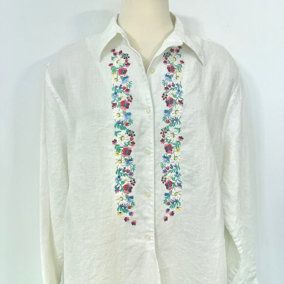 Lauren Ralph Lauren Linen Button-Down Shirt Embroidered Floral Top Blouse 3X - Picture 4 of 10
